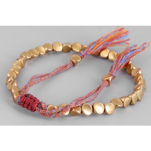Handmade Tibetan Copper Bead Bracelet Buddhist Braided Cotton Luck Rope Bracelet for Protection Good Luck Success Amulet