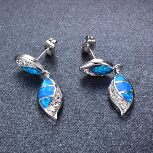 UFOORO earrings Environmentally leaves White Blue Fire Opal Stud Earrings Women Filled Jewelry Earrings