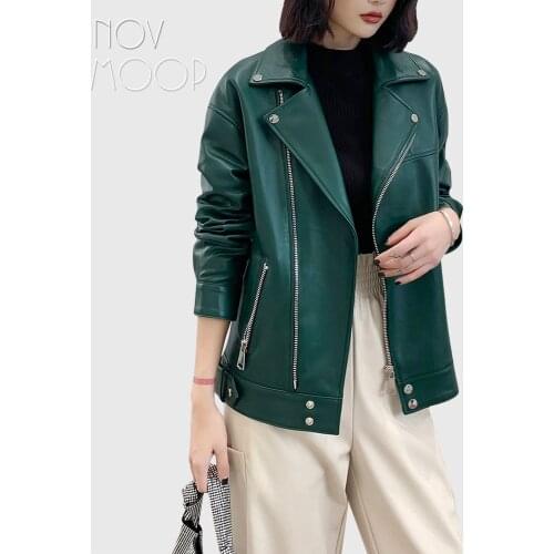 Novmoop genuine leather green black sheepskin women motocycle jacket ins chic style must have Veste de cuir LT3492