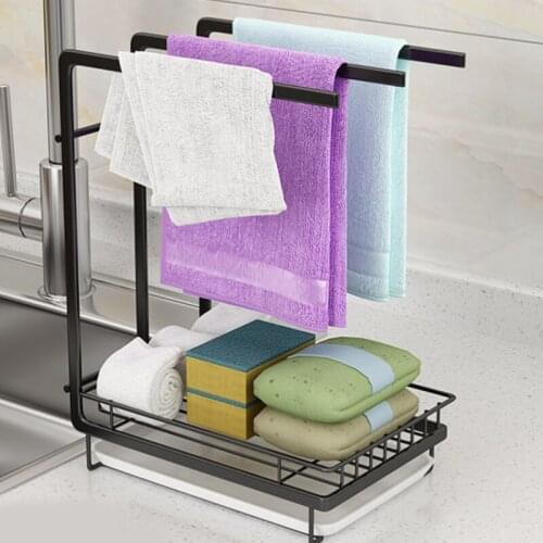 Kitchen Sponge Holder Sink Cleaning Brush Soap Holder Drain Tray Rag Hanging Shelf