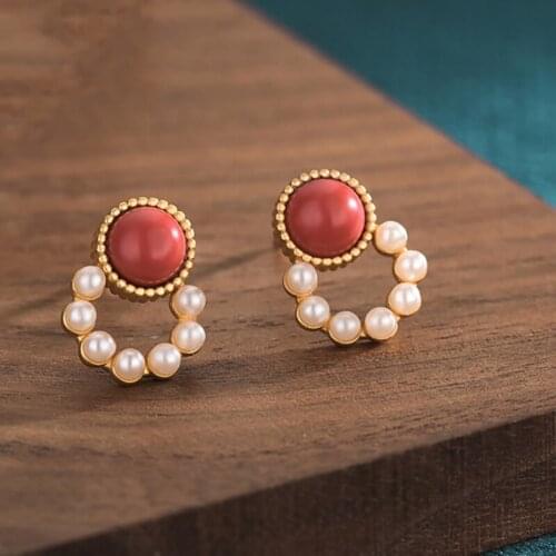 Retro Red Stone Pearl Earrings for Women Elegant Palace Ethnic Dating Jewelry 2021 Trend Fashion Friends Gift Stud Earrings M4