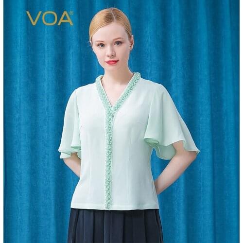 VOA Mint Green Elegance Dinner Womens Tops Summer 2021 BE518 Edible Tree Fungus Flare Short Sleeve T-shirts Female Clothing