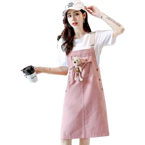 2 Piece Set Women Outfits Summer Loose Cartoon Bear Denim Strap Dress+O-neck Short Sleeve T-Shirt Women Suits Elegant