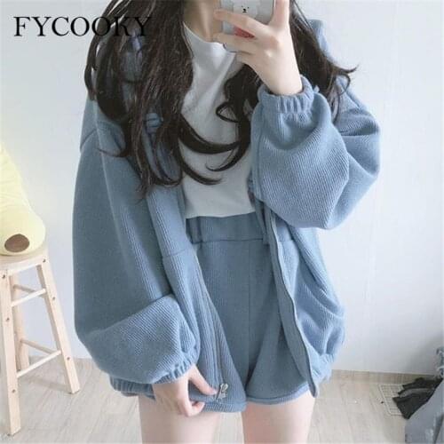 Sweet Tracksuit Women Autumn Winter Female Sweat Suit Korean Hooded Zip up Sweatshirt+Shorts Loose Sports Two-piece Set