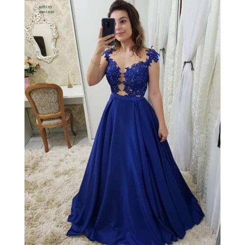 Vestidos De Gala Elegant Cap Sleeve Lace Appliques Evening Dresses Long Sexy Open Back A-Line Formal Party Dress with Beading Be