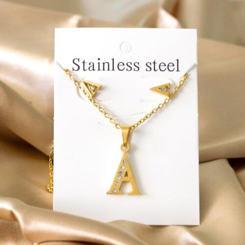 Gold/Silver Color Alphabet Necklace and Stud Earrings with Cubic Zirconia Letter Jewelry Set for Women Girl Party Gift