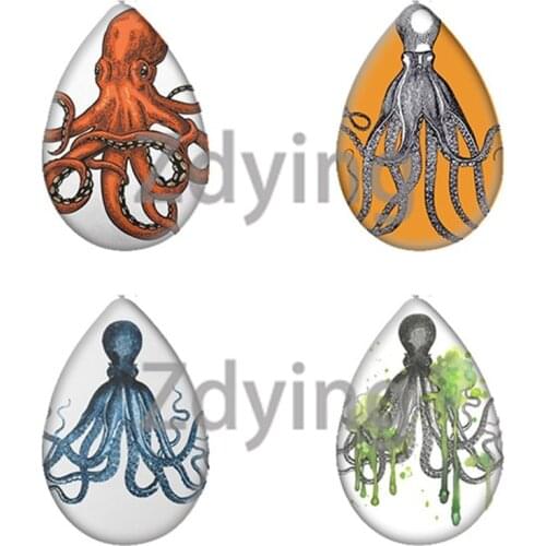 Zdying 10pcs Retro Vintage Fish Octopus Pattern Water Tear Drop Shape Glass Cabochon Photo For Base Tray Jewelry Findings