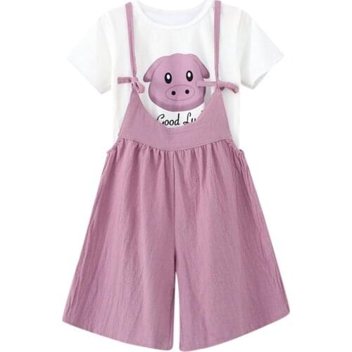 Childrens Girls Clothing Kids Girls Summer Short Sleeve T-shirt +Overalls Suit