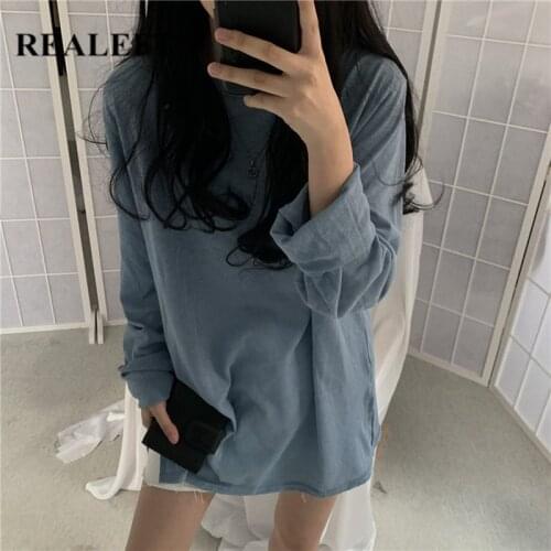 REALEFT New 2021 Spring Summer Cotton Women Loose T-Shirts Solid Bottoming Long Sleeve Casual Korean Oversize Minimalism Tops