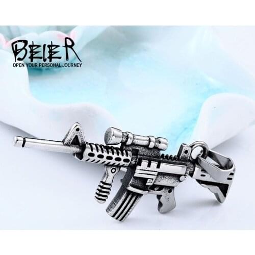 BEIER Machine Gun Pendant Necklaces Trendy Warrior Arms Gun Model Stainless steel Pendant Link Chain Necklace For Men BP8-010