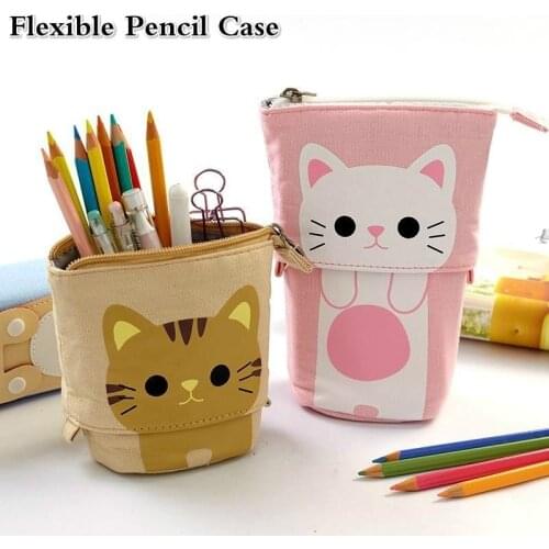 Cute Cat Flexible Pencil Case Canvas Pencil Bag Pen Holder School Supplies Stationery
