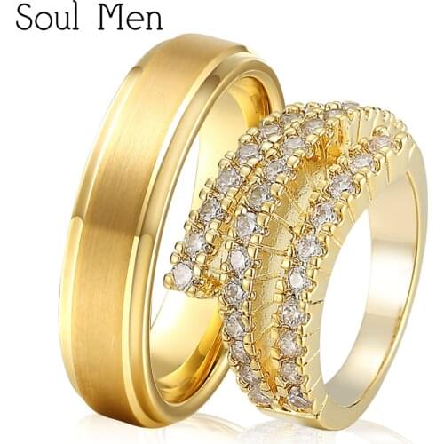 Soul Men Classic & Stylish Gold Color Wedding Rings Set for Couples Lovers 6mm Tungsten Ring for Him Zirconia Stone for Her