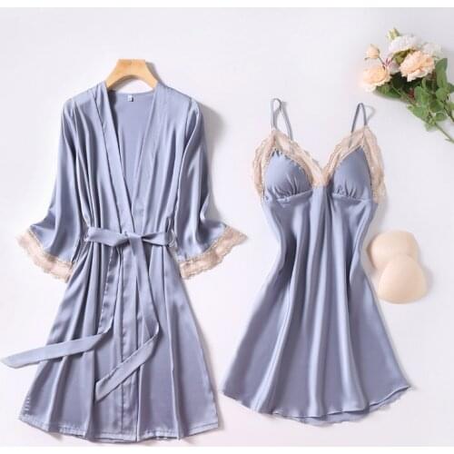 Spring New Women 2PCS Rayon Robe Gown Sets Sexy V-Neck Bathrobe&Nightgown Sleepwear Hollow Out Lace Floral Trim Lounge Home Wear