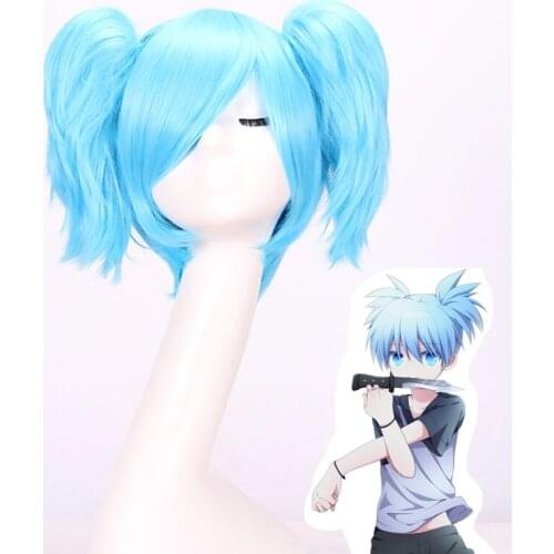 Assassination Classroom Sky Blue Short Straight Wigs Shiota Nagisa Anime Cosplay Coustume Claw Ponytail Heat Resistant Headwear