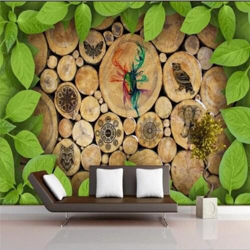 Custom wallpaper 3D creative wood green leaf animal pattern TV background wall decoration - high-grade waterproof material
