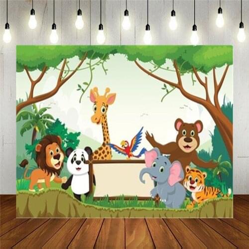 Photo Studio Props Photography Backdrop Wild Animal Cartoon With Blank Sign Vinyl Background Kids Birthday Decoration
