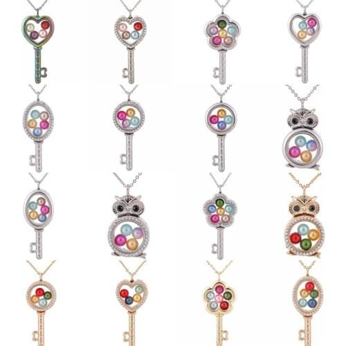 Glass Key Owl Triangle Pendant Necklace Rhinestone Locket Pearl Cage Pendant Steel Chain Necklace