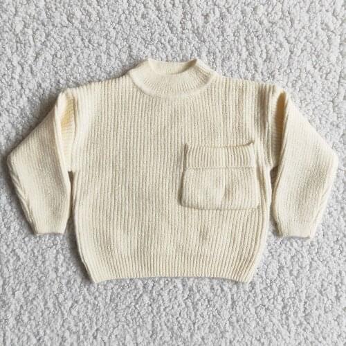 Fashion Kids Creamy-White Solid Color Top Boy And Girls Long Sleeve Sweater With Pocket O-Neck Design Child Warm Outwear