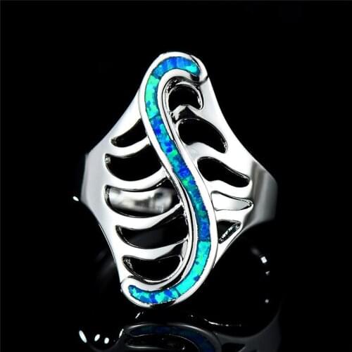 Vintage Punk Hollow Leaf Ring Creative S Shape Bone Ring White Blue Fire Opal Stone Rings For Women Silver Color Hip Hop Jewelry