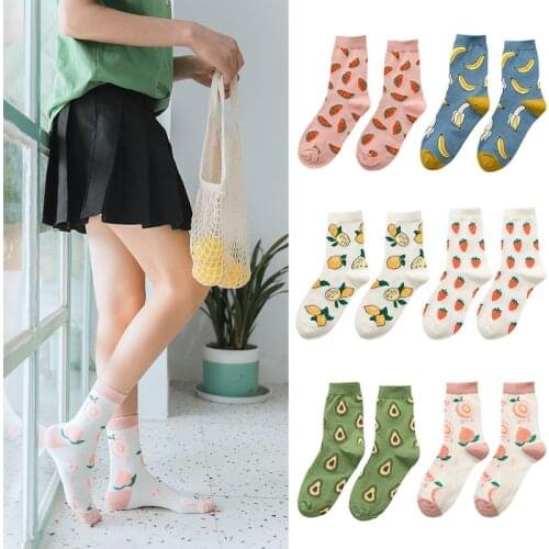 Japanese Style Women Cotton Ankle Socks Sweet Candy Color Peach Avocado Fruits Printed Summer Street Mid Tube Hosiery