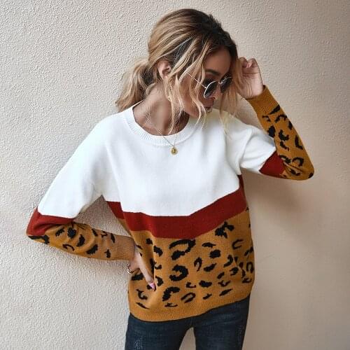 Leopard Sweater Patchwork Autumn Winter 2020 Ladies Knitted Sweater Women O-neck Full Sleeve Jumper Pullovers Top Khaki Brown