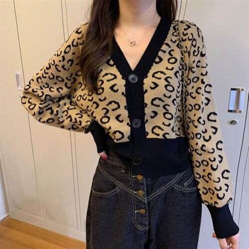 Womens Knitted Cardigan Leopard Print V-neck Buttons Long Sleeves Loose Sweater Wholesale Clothing Кардиган Женский Длинный