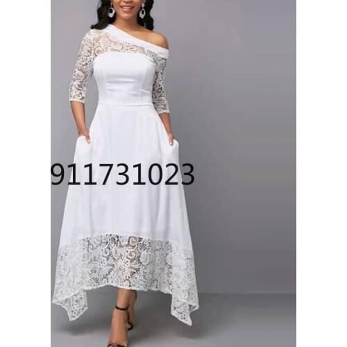 Summer Women Dress Elegant Sexy Diagonal Collar Lace Evening Party Dress White Hook Flower Hollow Pockets Irregular Long Dress