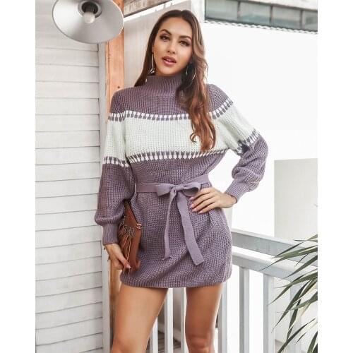 Dresses For Women 2021 Spring Autumn Mini Short Half High Neck Long Sleeve Out Wear Slim Ladies Fashion Casual Knitted Sweater