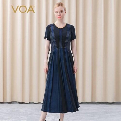 VOA Silk 30m/m O-Neck Dress Women AE555 Rolled Yellow Line Decorative Jalapa Bump Stitched Short-sleeved Maxi Dresses for Women