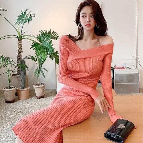 Womens Knitted Sweater Dresses New Spring Sexy V-neck Casual Long Sleeve Fashion Vintage Elegant Office Vestidos