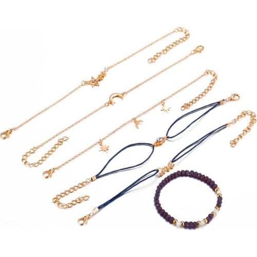 5 Pcs/ Set Punk Turtle Map Heart Letter Love Crystal Beads Chain Multilayer Pendant Gold Bracelet Adjustable Chain Jewelry Gift