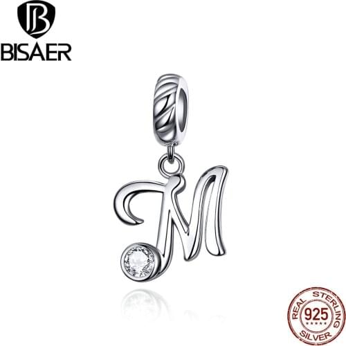 BISAER Hot Sale 925 Sterling Silver Alphabet M Beads Letter Charms fit for Charm Bracelets Silver 925 Jewelry Making ECC1183-M