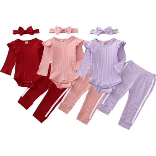 Baby Knitting Romper Jogger Pants Round Collar Long Sleeves Ruffle Crotch Buttons Stripe Pants Headband 3-Piece Clothes