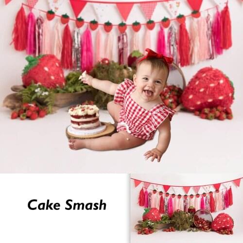 Strawberry Fruit Cake Smash Birthday Portrait Backdrop for Photography Girls Newborn Kids Birthday Background for Photoshoot