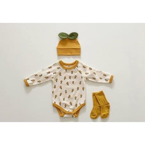 Baby Girls Romper Lemon Fruit Print Infant Boys Bodysuit + Yellow hat 2pcs Korean Long Sleeve Jumpsuit Clothing Spring Outwear