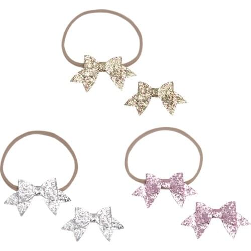 Miss Cute 2pcs/set Fashion Glitter Trim ​Floral Bow Headbands Bowknot Hairpins Hair Clips Princess Headwear Hair Accessorie