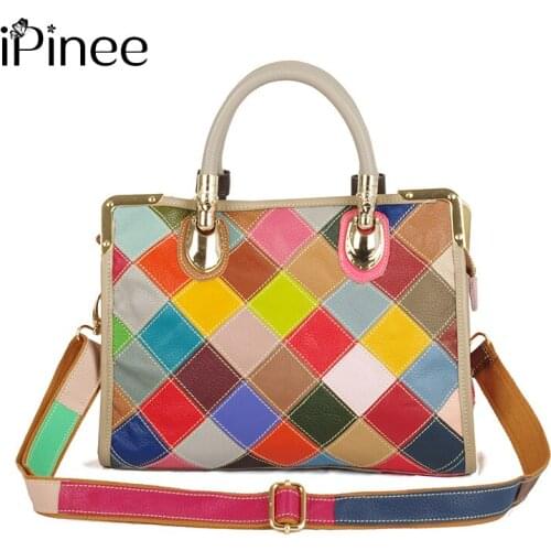 IPinee Multi-color Cow Leather Handbag Lady Vintage Genuine Leather Diamonds Patchwork Top-handle Messenger Bag for Women