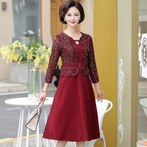 Fashion Elegant Middle Age Mother Dresses Blue Red Wedding Party Dress 2021 New Plus Size Women Fake Two Pieces Lace Vestido