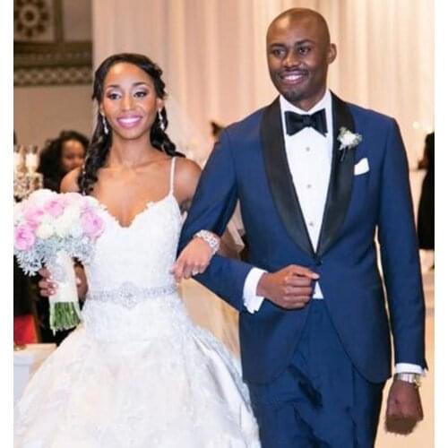 Fashionable One Button Blue Groom Tuxedos Groomsmen Shawl Lapel Mens Suits Blazers (Jacket+Pants+Tie) W:955