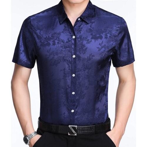 2018 Latest style mens summer silk floral dress shirt fashion striped male silk clothes short sleeve silk shirt for man