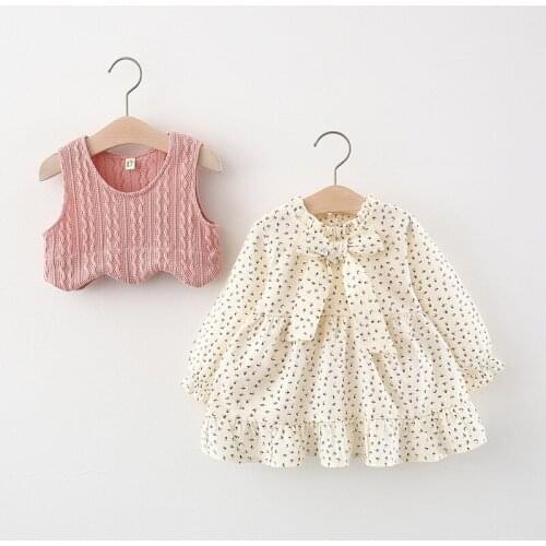 Baby Girl Autumn Fall Clothes Newborn Bow Flowers Long Sleeve Dress And Solid Knitted Vests Outfits Toddler Casual Clothing Sets
