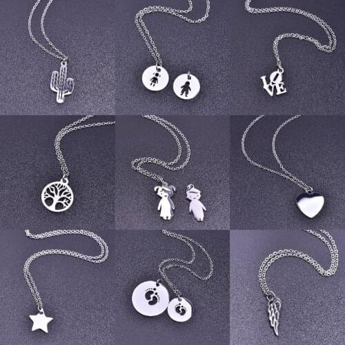 Stainless Steel Baby Boy Girl Footprint Charms Necklaces Making Handmade Cactus Feather Chain Necklaces Women Gift Jewelry