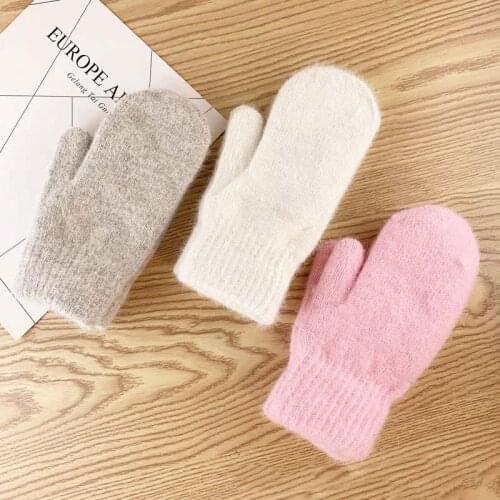 Double-layer rabbit hair gloves female winter Korean version of solid color all fingers winter women gloves girls mittens