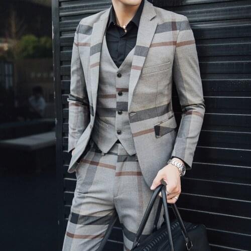 Jacket+Vest+Pants) 2021 plaid clothing Men slim cotton business suits/Male high-grade Grooms Wedding Dress Man Tuxedo Blazers