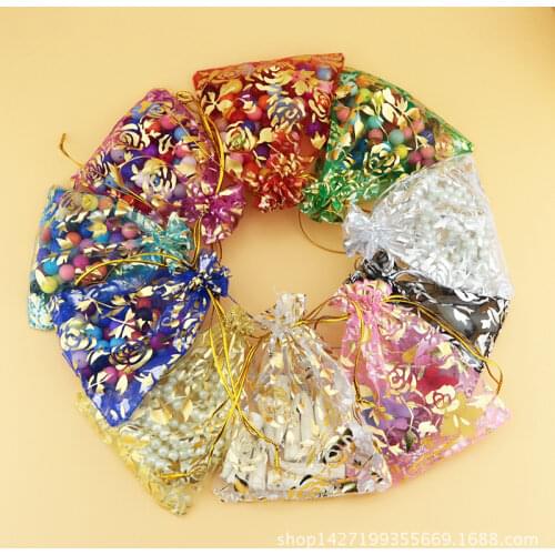 Hot sale 7x9cm Rose Red Organza Jewelry Bags Christmas Gift Bags Cheap Organza Pouches Custom Printed 100pcs/lot Wholesale