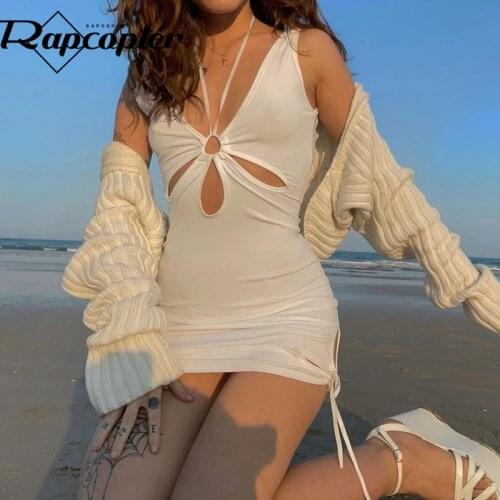 Rapcopter Hollow Out Cami Dress y2k Tie Up Halter Dress Sexy Bodycon Dress Summer Backless Mini Dress Women Beach Short Dress