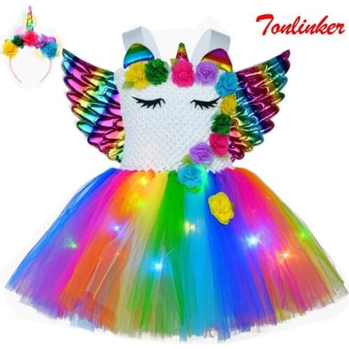 Girls Christmas Halloween Unicorn Costume Glow Dress Kids Rainbow Mesh Flower Tutu Party Dresses Princess Cosplay Dress