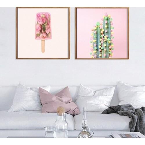 Modern Canvas Painting Cartoon Pink Flower Ice Cream Plant Cactus Home Decoration Hanging Painting Anime Poster Nursery