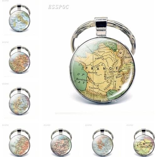 Europe Countries Map Glass Pendant Keychain Italy France Scotland Poland Fashion Souvenir Keyring Jewelry Gift For Women Men