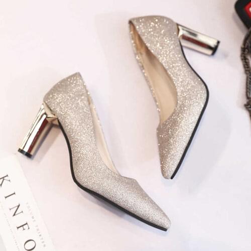 Sequins Pointed Toe Shoes Women Pumps Woman Luxury Bling High Heels Female Ladies Sexy Party Wedding Golden Gold Heel Square